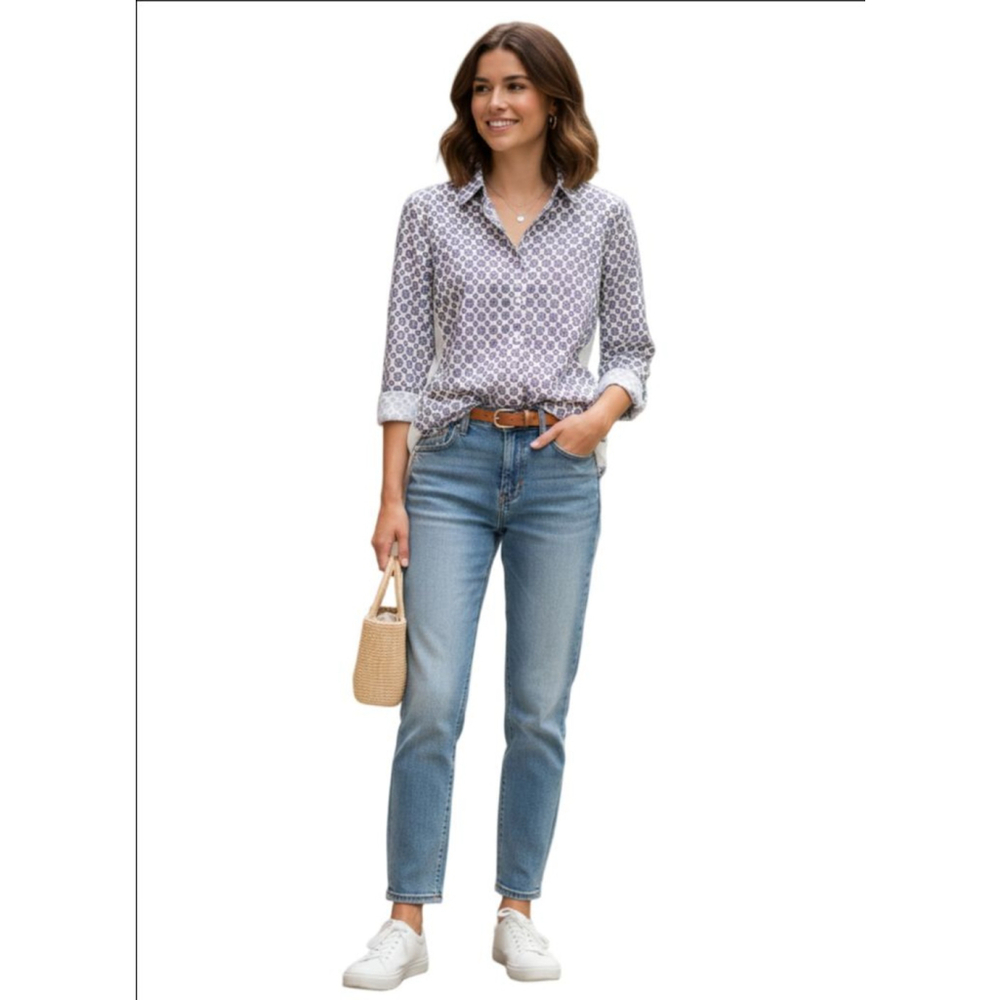 Women's Talbots Petite Button Down Shirt 12P White Purple Geometric - Picture 1 of 5